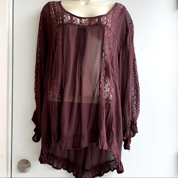 World Market Burgundy Lace Peasant Blouse Size L/XL - Picture 1 of 14